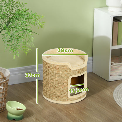 Scratching Post, 37 cm High Cat Barrel, Cat Cave with Door, Cat House, Scratching Post with 2 Levels, Cat Tower, Cat Bed made of Sisal, for Cat up to 5 kg, Khaki