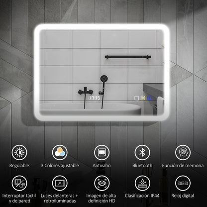 Bathroom Mirror with LED Light Bluetooth 70x50 cm Wall Mirror with 3 Light Colors Digital Clock Anti-Fog Function Memory Function Touch Switch IP44