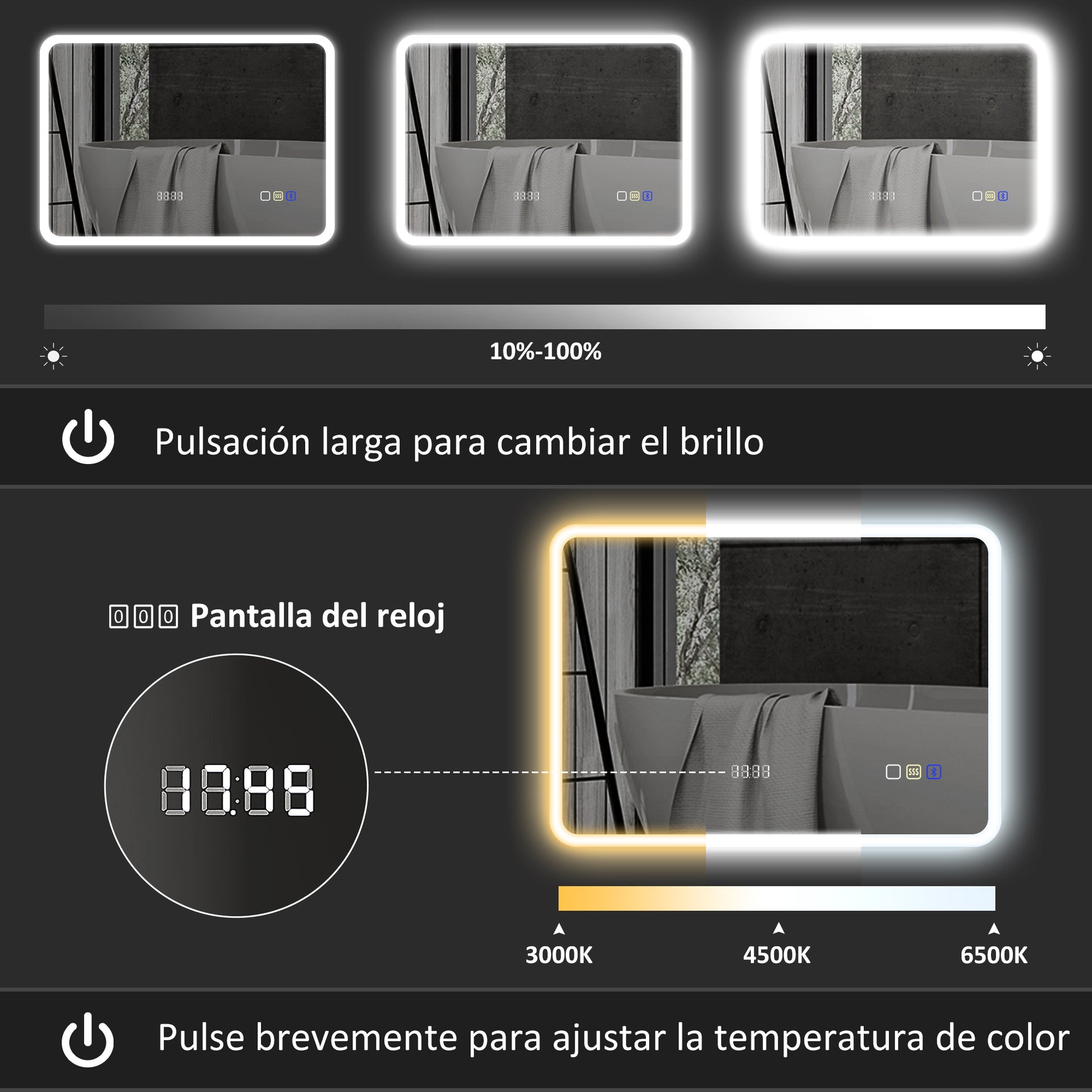 Bathroom Mirror with LED Light Bluetooth 70x50 cm Wall Mirror with 3 Light Colors Digital Clock Anti-Fog Function Memory Function Touch Switch IP44