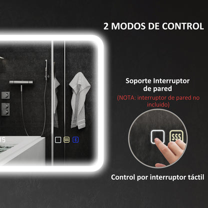 Bathroom Mirror with LED Light Bluetooth 70x50 cm Wall Mirror with 3 Light Colors Digital Clock Anti-Fog Function Memory Function Touch Switch IP44