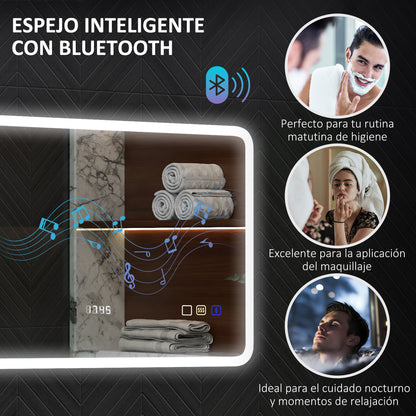 Bathroom Mirror with LED Light Bluetooth 70x50 cm Wall Mirror with 3 Light Colors Digital Clock Anti-Fog Function Memory Function Touch Switch IP44