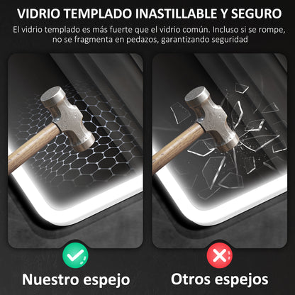 Bathroom Mirror with LED Light Bluetooth 70x50 cm Wall Mirror with 3 Light Colors Digital Clock Anti-Fog Function Memory Function Touch Switch IP44