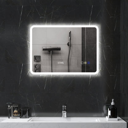 Bathroom Mirror with LED Light Bluetooth 70x50 cm Wall Mirror with 3 Light Colors Digital Clock Anti-Fog Function Memory Function Touch Switch IP44