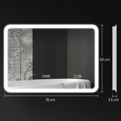 Bathroom Mirror with LED Light Bluetooth 70x50 cm Wall Mirror with 3 Light Colors Digital Clock Anti-Fog Function Memory Function Touch Switch IP44