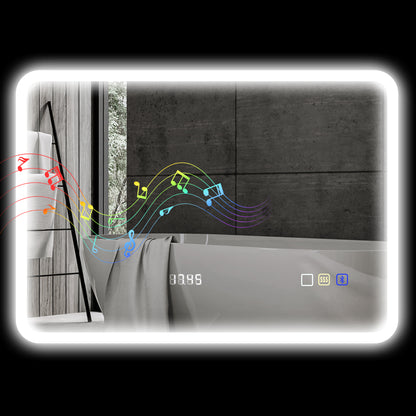 Bathroom Mirror with LED Light Bluetooth 70x50 cm Wall Mirror with 3 Light Colors Digital Clock Anti-Fog Function Memory Function Touch Switch IP44