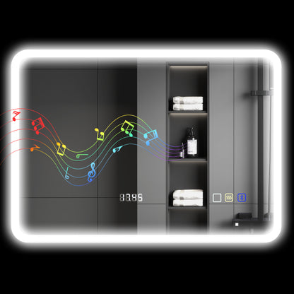 Bathroom Mirror with LED Light Bluetooth 70x50 cm Wall Mirror with 3 Light Colors Digital Clock Anti-Fog Function Memory Function Touch Switch IP44
