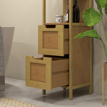 Cozy Style Bathroom Column Storage Cabinet 30L x 30W x 144H cm with 3 Shelves 2 Drawers Natural Bamboo