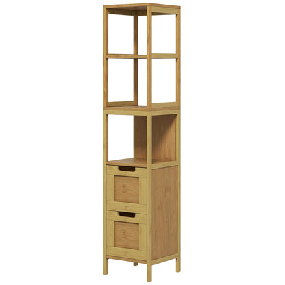 Cozy Style Bathroom Column Storage Cabinet 30L x 30W x 144H cm with 3 Shelves 2 Drawers Natural Bamboo