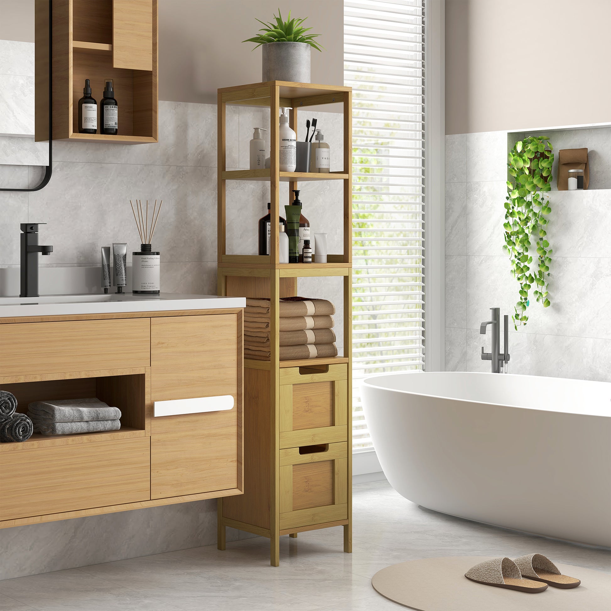 Cozy Style Bathroom Column Storage Cabinet 30L x 30W x 144H cm with 3 Shelves 2 Drawers Natural Bamboo