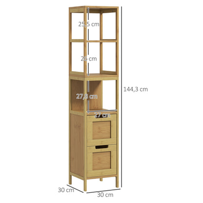Cozy Style Bathroom Column Storage Cabinet 30L x 30W x 144H cm with 3 Shelves 2 Drawers Natural Bamboo