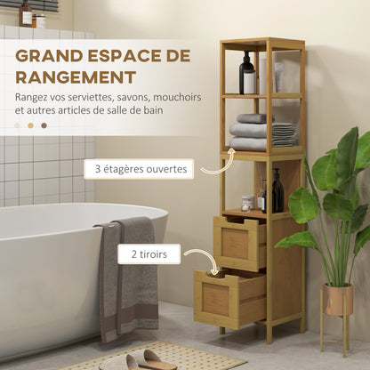 Cozy Style Bathroom Column Storage Cabinet 30L x 30W x 144H cm with 3 Shelves 2 Drawers Natural Bamboo