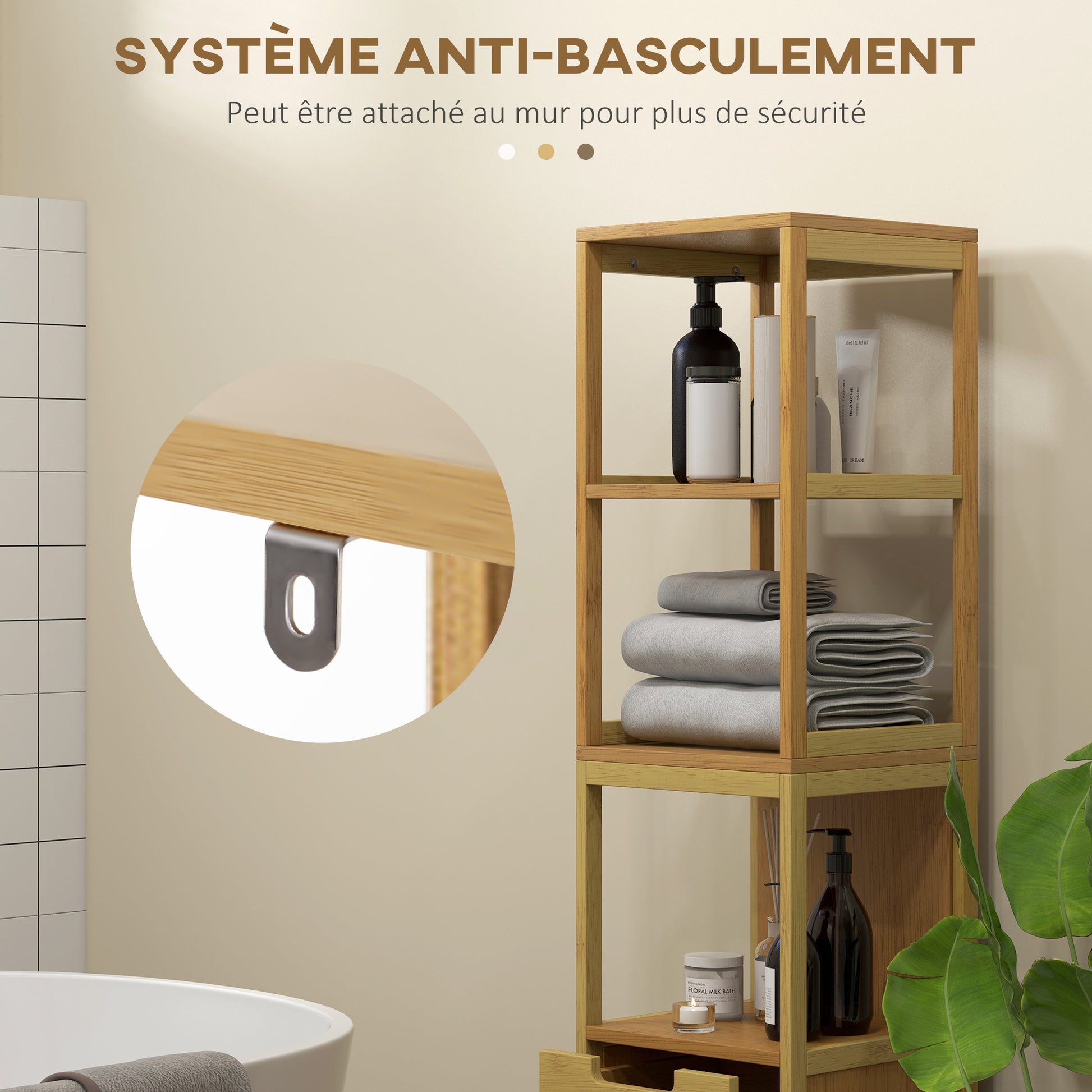 Cozy Style Bathroom Column Storage Cabinet 30L x 30W x 144H cm with 3 Shelves 2 Drawers Natural Bamboo