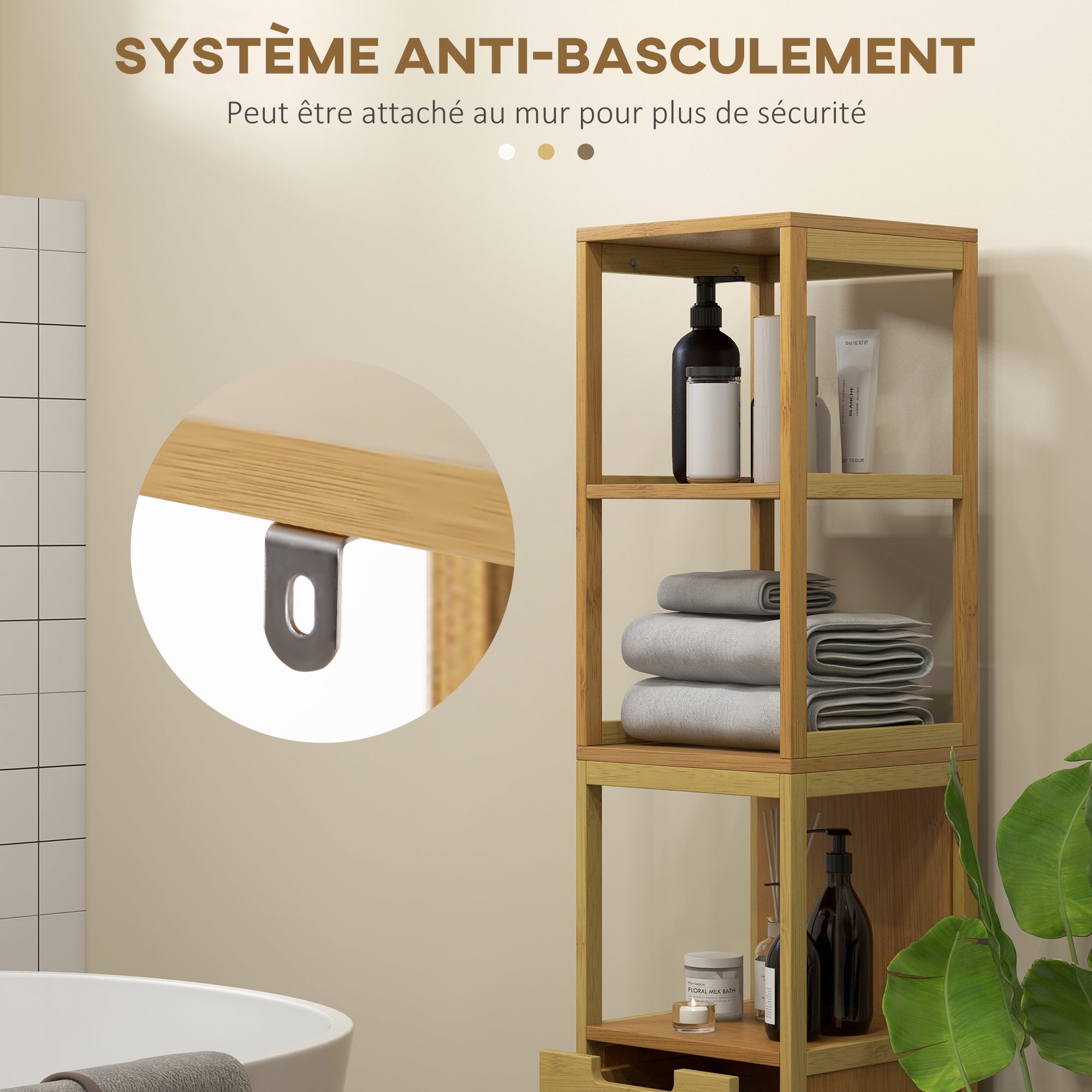 Cozy Style Bathroom Column Storage Cabinet 30L x 30W x 144H cm with 3 Shelves 2 Drawers Natural Bamboo