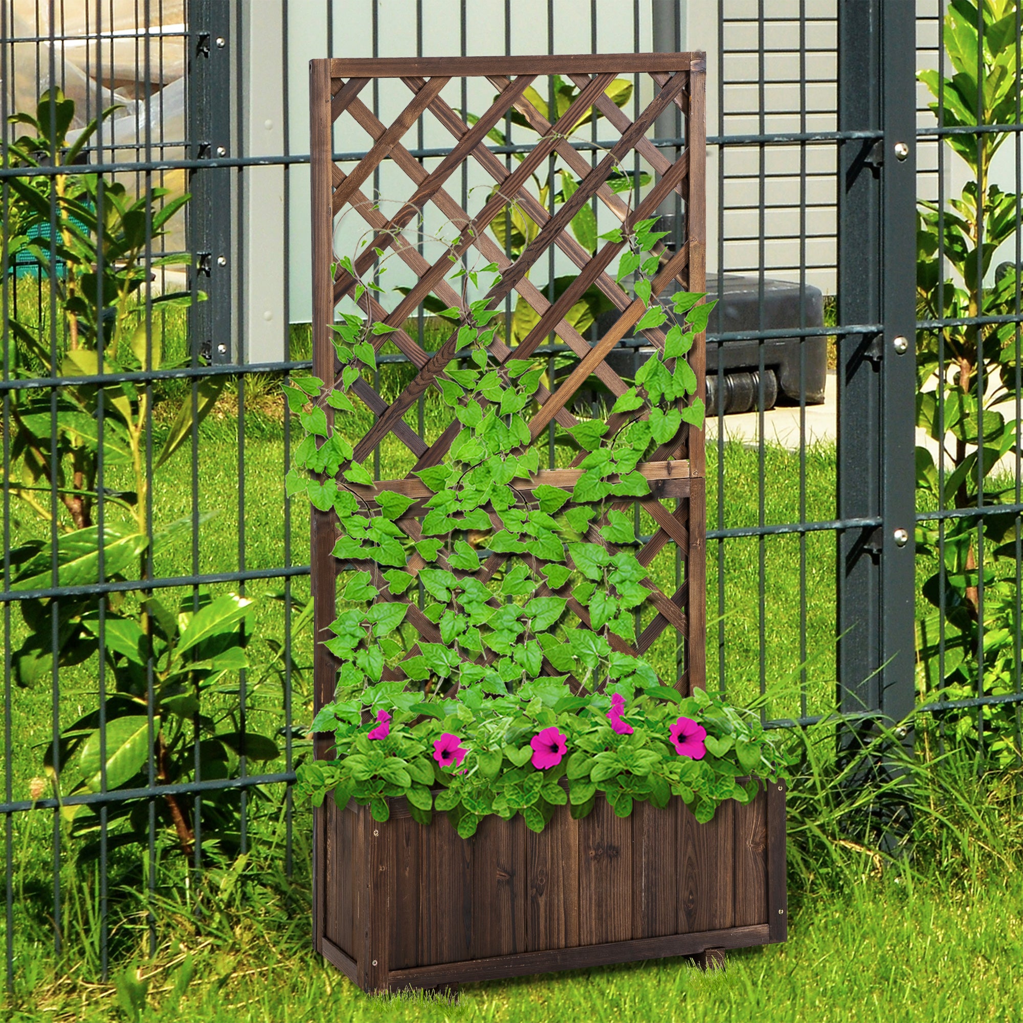 Raised Garden Bed Planter Box with Trellis, Flower Box Wood, 72.5x31.5x149.5cm for Garden Balcony Terrace, Plant Pot for Climbing Plants, Flowers, Brown