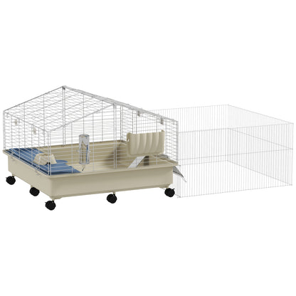 Small Pet Cage with Playpen, Rabbit Cage, Small Animal Hutch with Water Bottle, Hay Feeder, Food Bowl, Ramp Rodent Cage with Wheels for Guinea Pigs and Hedgehogs White