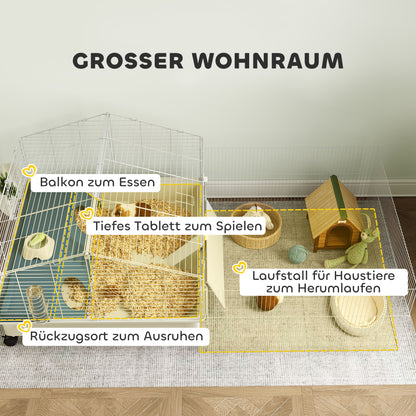 Small Pet Cage with Playpen, Rabbit Cage, Small Animal Hutch with Water Bottle, Hay Feeder, Food Bowl, Ramp Rodent Cage with Wheels for Guinea Pigs and Hedgehogs White