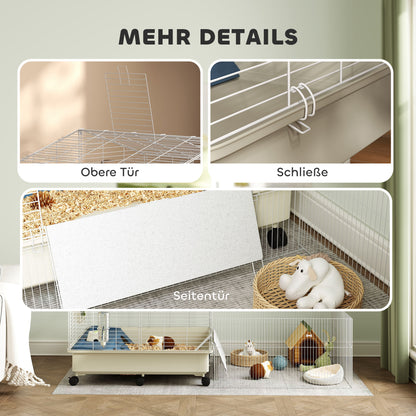 Small Pet Cage with Playpen, Rabbit Cage, Small Animal Hutch with Water Bottle, Hay Feeder, Food Bowl, Ramp Rodent Cage with Wheels for Guinea Pigs and Hedgehogs White