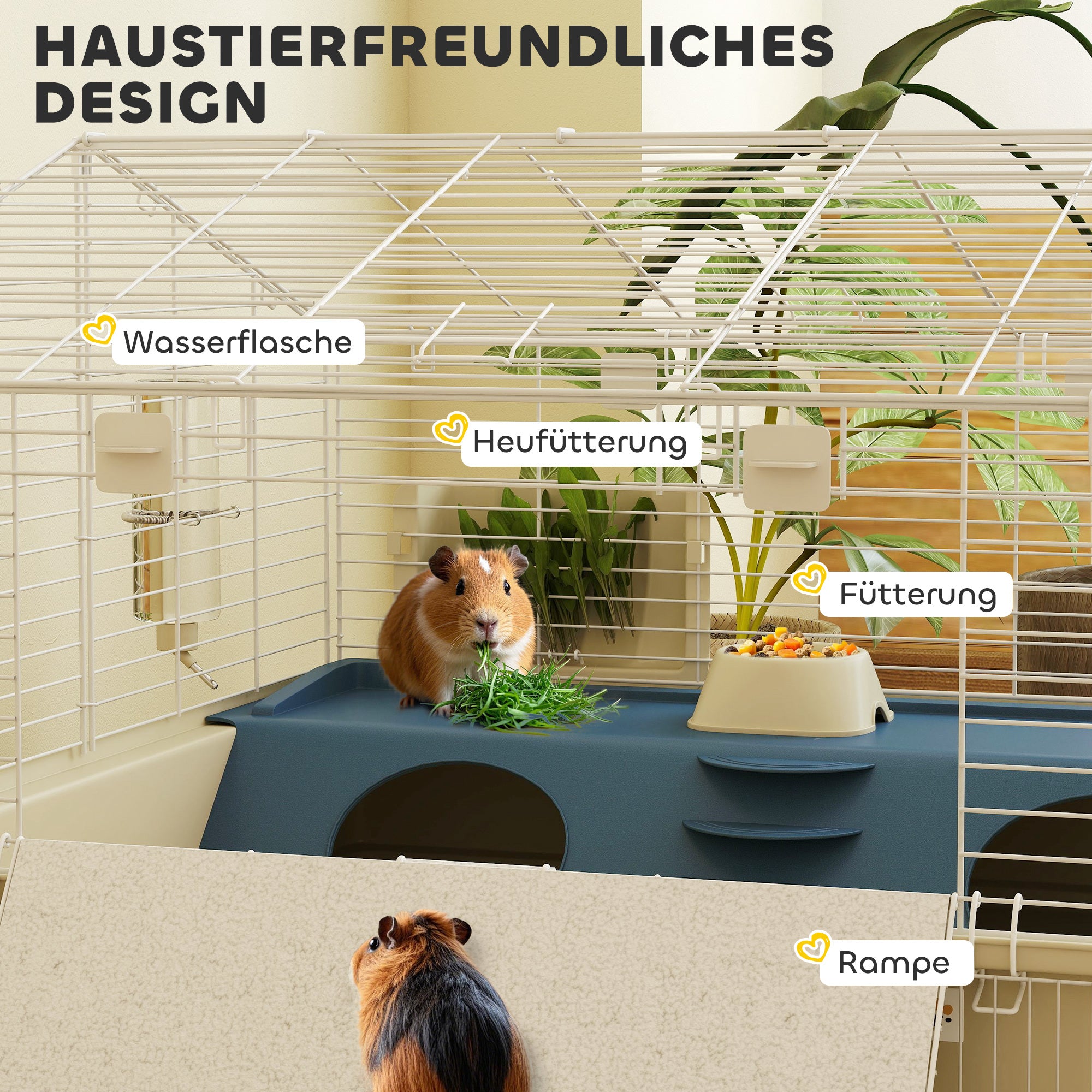 Small Pet Cage with Playpen, Rabbit Cage, Small Animal Hutch with Water Bottle, Hay Feeder, Food Bowl, Ramp Rodent Cage with Wheels for Guinea Pigs and Hedgehogs White