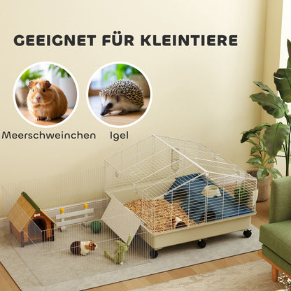 Small Pet Cage with Playpen, Rabbit Cage, Small Animal Hutch with Water Bottle, Hay Feeder, Food Bowl, Ramp Rodent Cage with Wheels for Guinea Pigs and Hedgehogs White