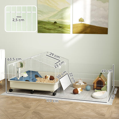 Small Pet Cage with Playpen, Rabbit Cage, Small Animal Hutch with Water Bottle, Hay Feeder, Food Bowl, Ramp Rodent Cage with Wheels for Guinea Pigs and Hedgehogs White