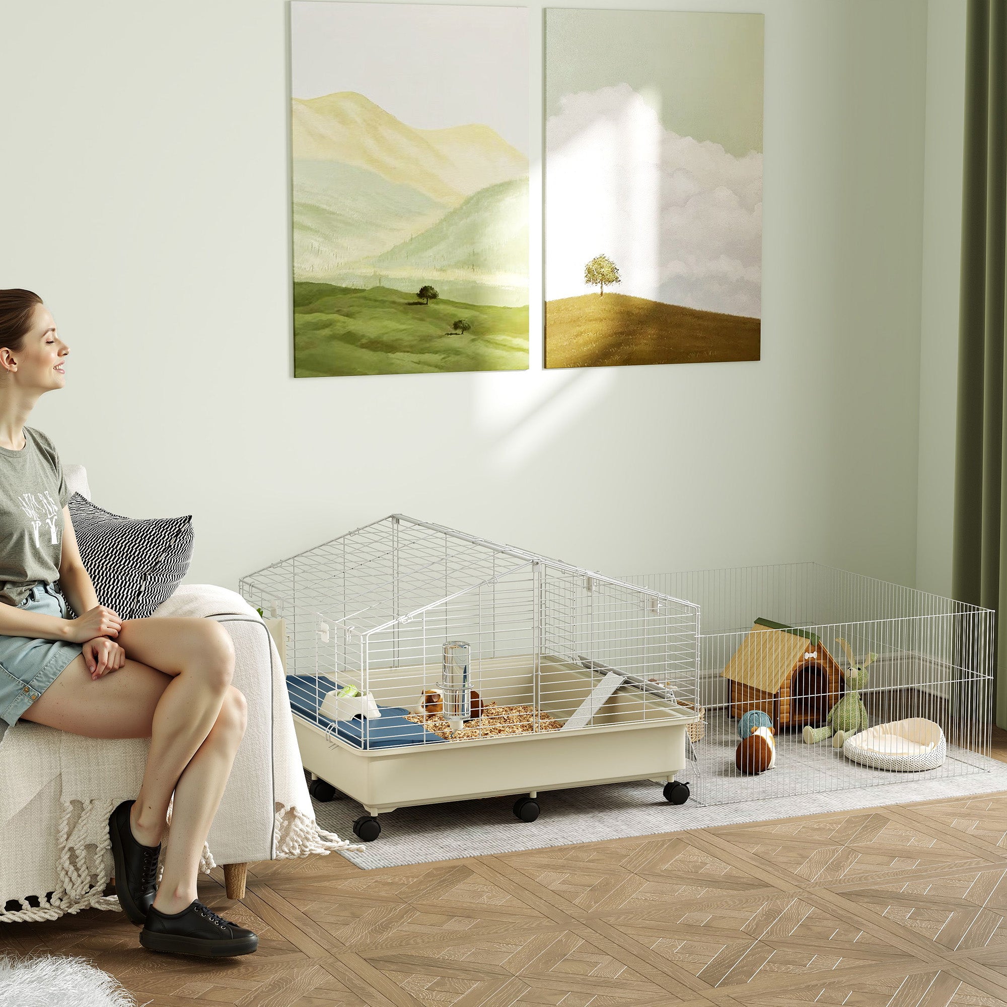 Small Pet Cage with Playpen, Rabbit Cage, Small Animal Hutch with Water Bottle, Hay Feeder, Food Bowl, Ramp Rodent Cage with Wheels for Guinea Pigs and Hedgehogs White
