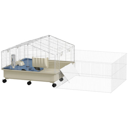 Small Pet Cage with Playpen, Rabbit Cage, Small Animal Hutch with Water Bottle, Hay Feeder, Food Bowl, Ramp Rodent Cage with Wheels for Guinea Pigs and Hedgehogs White