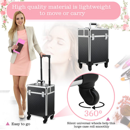 Makeup Trolley Case Cosmetic Vanity Box Telescopic Handle Adjustable 34L x 24W x 52H cm Aluminum Black
