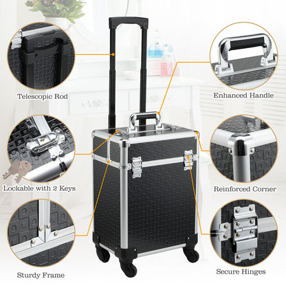 Makeup Trolley Case Cosmetic Vanity Box Telescopic Handle Adjustable 34L x 24W x 52H cm Aluminum Black