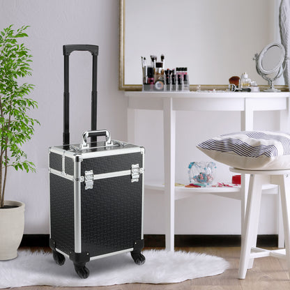 Makeup Trolley Case Cosmetic Vanity Box Telescopic Handle Adjustable 34L x 24W x 52H cm Aluminum Black