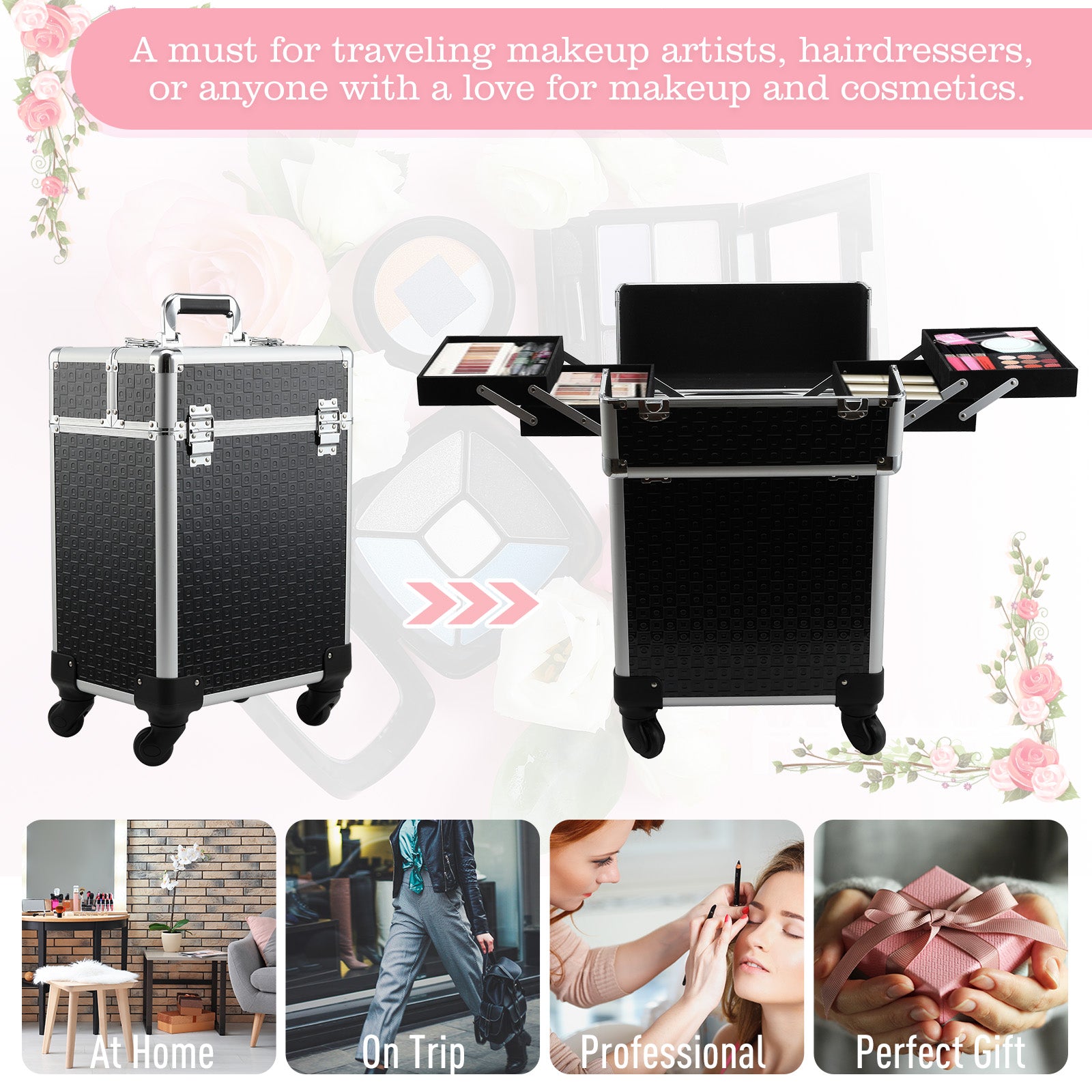Makeup Trolley Case Cosmetic Vanity Box Telescopic Handle Adjustable 34L x 24W x 52H cm Aluminum Black