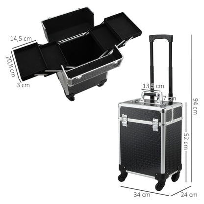 Makeup Trolley Case Cosmetic Vanity Box Telescopic Handle Adjustable 34L x 24W x 52H cm Aluminum Black