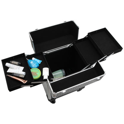 Makeup Trolley Case Cosmetic Vanity Box Telescopic Handle Adjustable 34L x 24W x 52H cm Aluminum Black