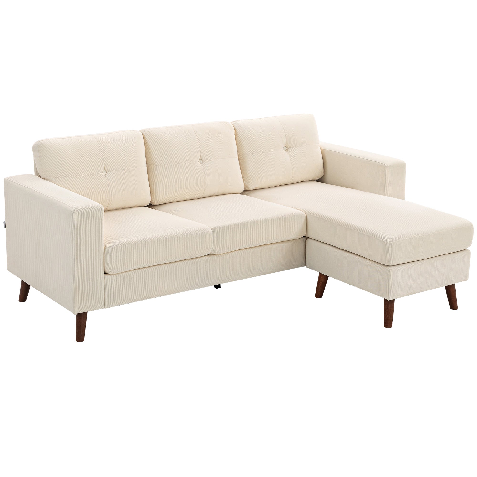3-Seater L-Shape Corner Sofa with Reversible Chaise, Cord-Look Upholstery — Cream White (76" x 54" x 33")