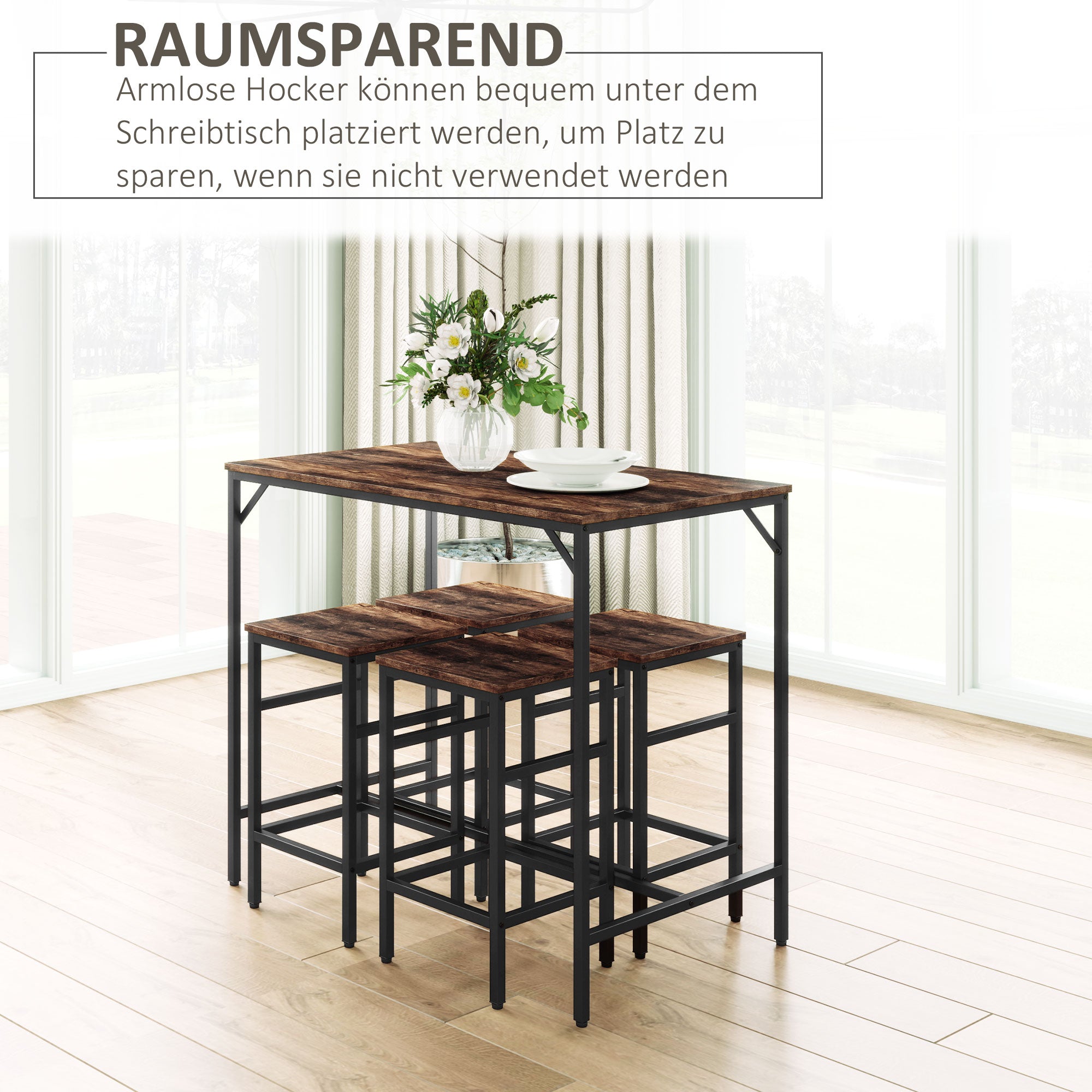 5-Piece Bar Table Set Bar Table with Bar Stools Dining Table with 4 Chairs Kitchen Table for Dining Room, Kitchen, Rustic Brown+Black