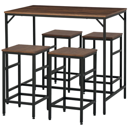 5-Piece Bar Table Set Bar Table with Bar Stools Dining Table with 4 Chairs Kitchen Table for Dining Room, Kitchen, Rustic Brown+Black