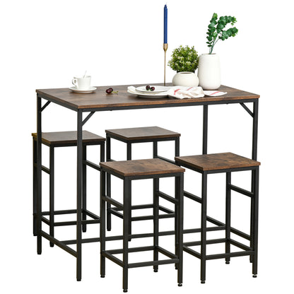5-Piece Bar Table Set Bar Table with Bar Stools Dining Table with 4 Chairs Kitchen Table for Dining Room, Kitchen, Rustic Brown+Black