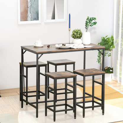5-Piece Bar Table Set Bar Table with Bar Stools Dining Table with 4 Chairs Kitchen Table for Dining Room, Kitchen, Rustic Brown+Black