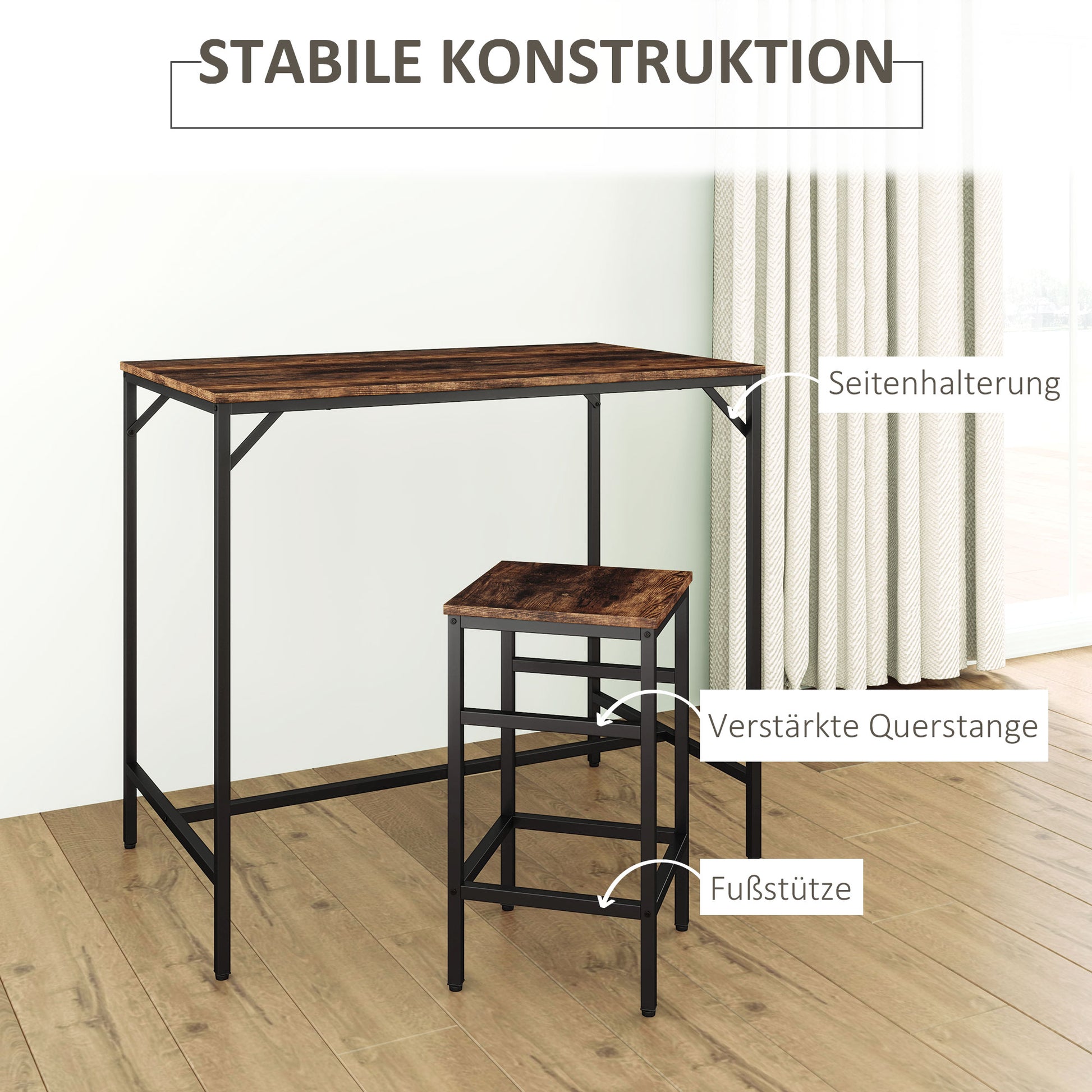 5-Piece Bar Table Set Bar Table with Bar Stools Dining Table with 4 Chairs Kitchen Table for Dining Room, Kitchen, Rustic Brown+Black