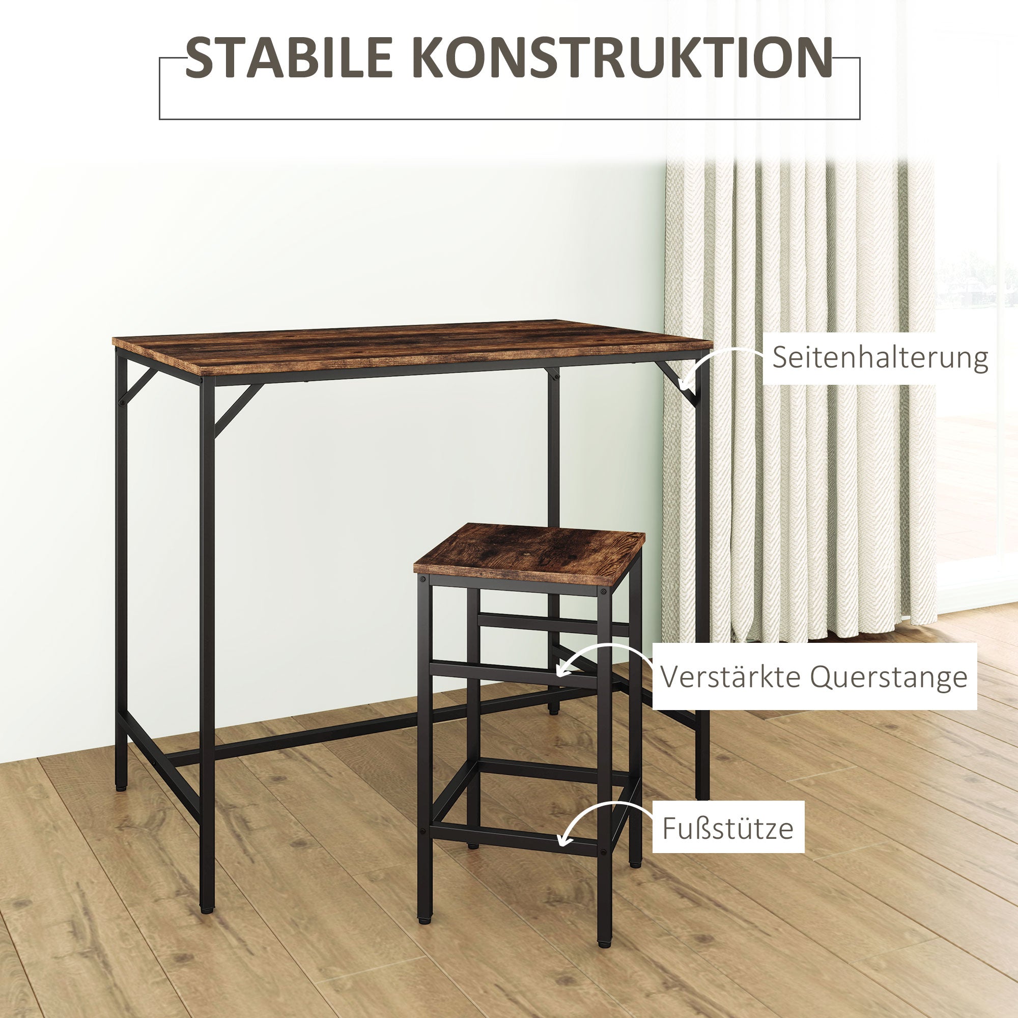 5-Piece Bar Table Set Bar Table with Bar Stools Dining Table with 4 Chairs Kitchen Table for Dining Room, Kitchen, Rustic Brown+Black