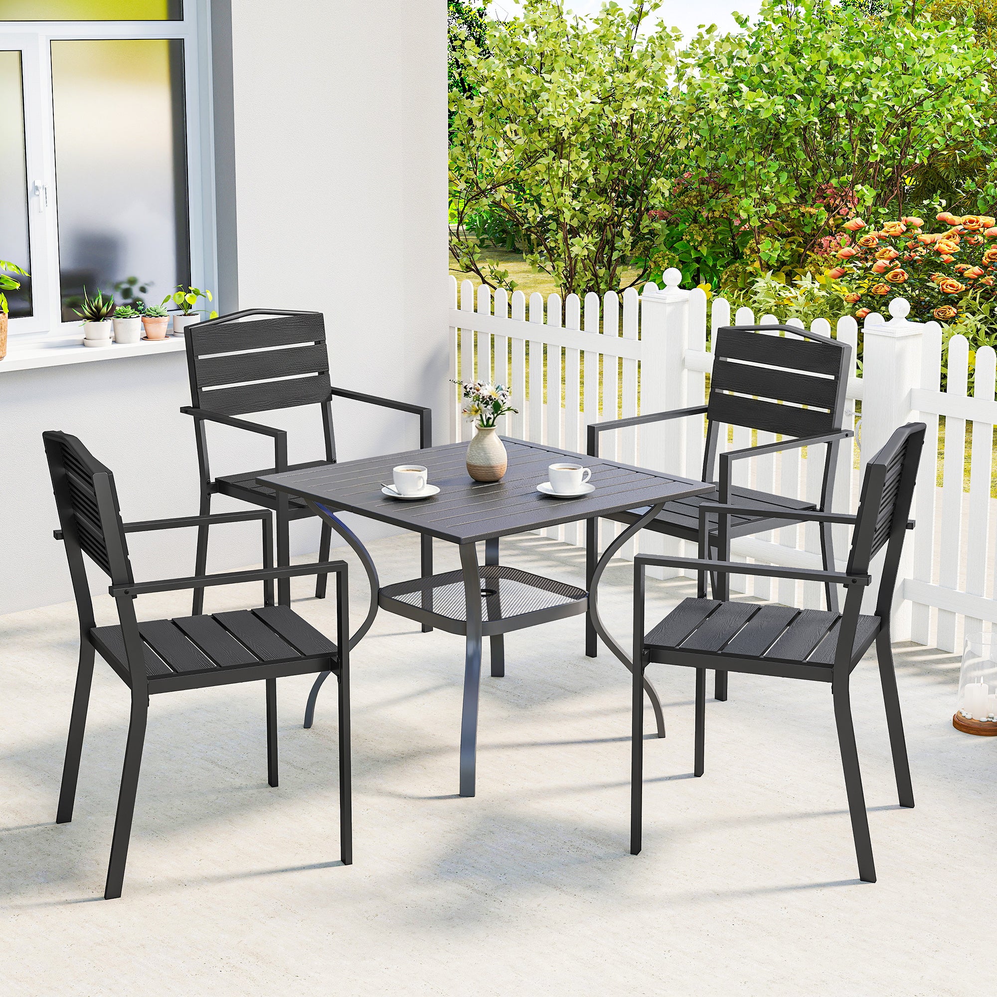 Garden Chairs – Set of 4 Stackable Patio Chairs with Slatted Design & Armrests, Weatherproof Balcony Chairs (265 lb Capacity), Black, 20.5 x 20.1 x 35.4 in