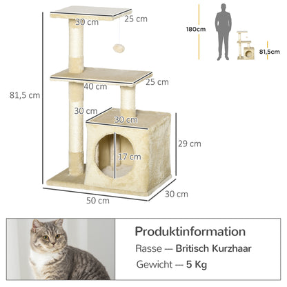 Scratching Tree with Sisal Cat Tree Climbing Frame Cat Furniture Scratching Board with Soft Plush Cat Toy Stable E1-Class Chipboard Beige 50 x 30 x 81.5 cm