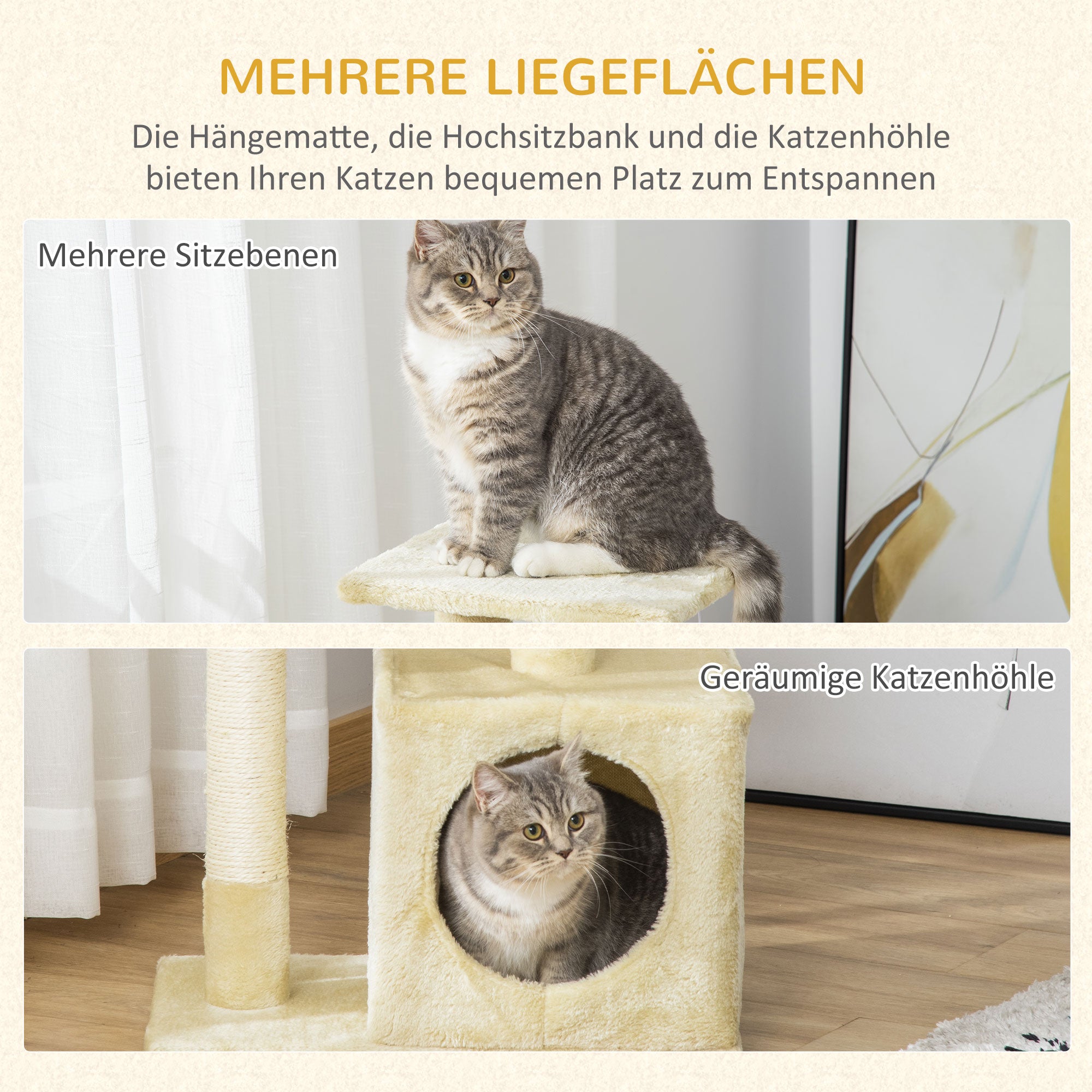Scratching Tree with Sisal Cat Tree Climbing Frame Cat Furniture Scratching Board with Soft Plush Cat Toy Stable E1-Class Chipboard Beige 50 x 30 x 81.5 cm