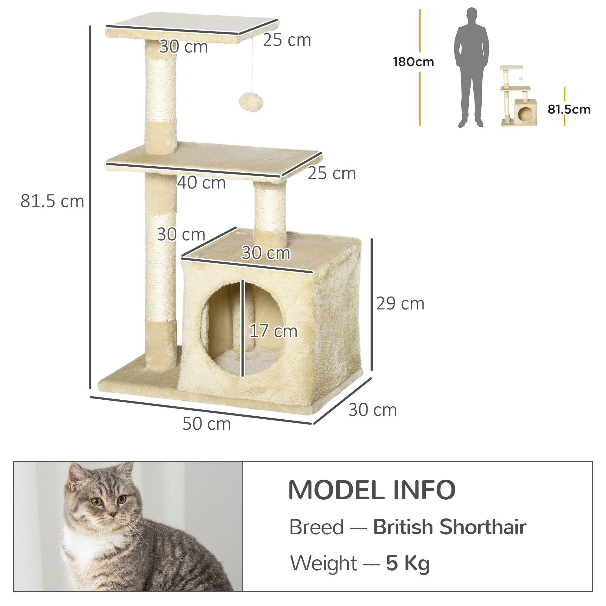 Scratching Tree with Sisal Cat Tree Climbing Frame Cat Furniture Scratching Board with Soft Plush Cat Toy Stable E1-Class Chipboard Beige 50 x 30 x 81.5 cm