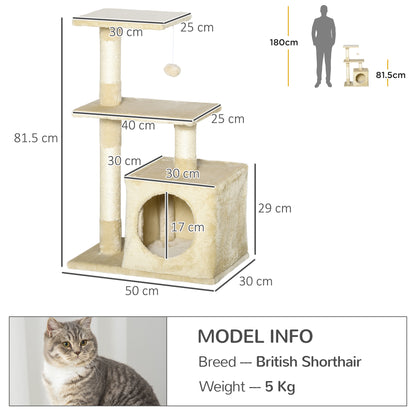 Scratching Tree with Sisal Cat Tree Climbing Frame Cat Furniture Scratching Board with Soft Plush Cat Toy Stable E1-Class Chipboard Beige 50 x 30 x 81.5 cm