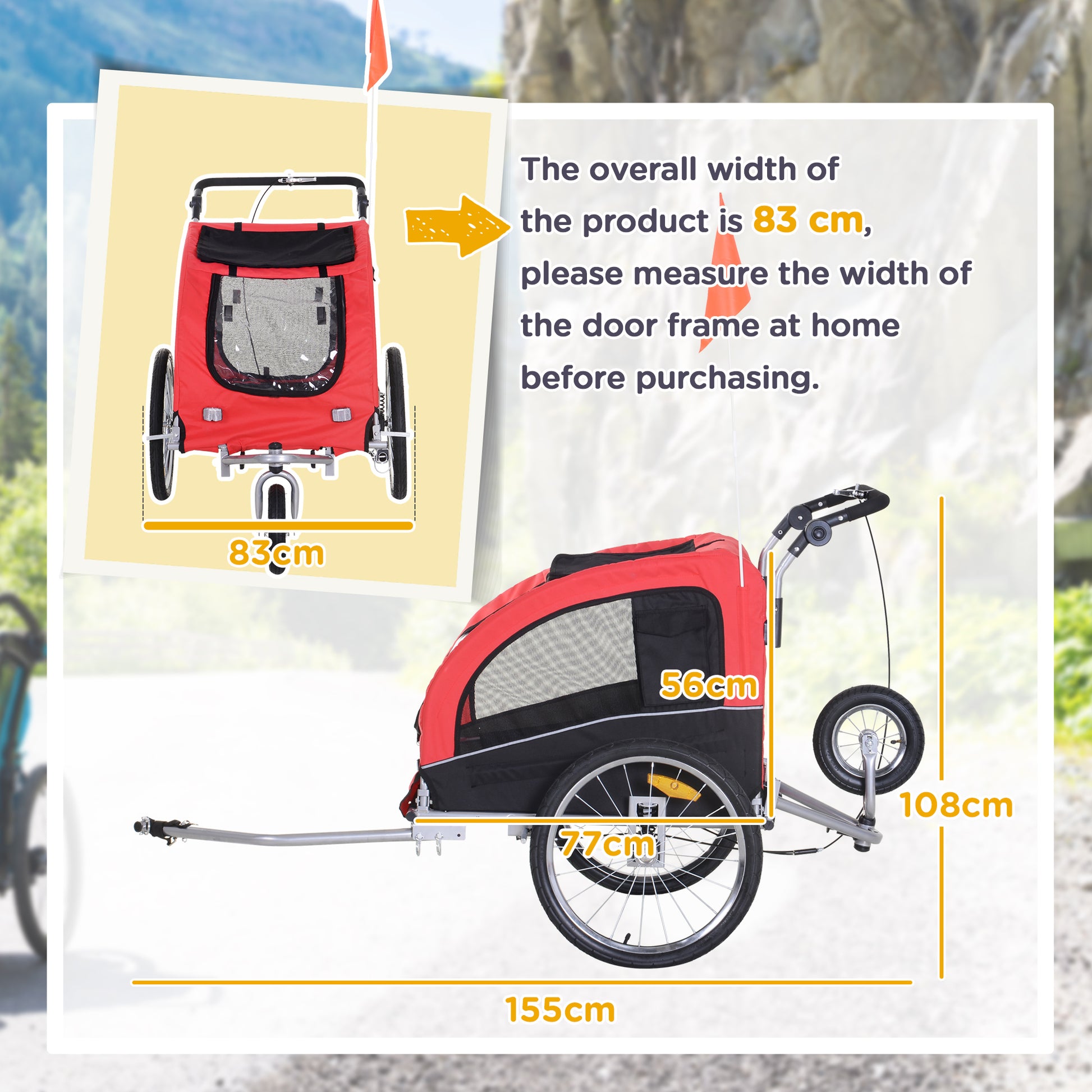 2-in-1 Dog Trailer, Bicycle Trailer for Dogs, Foldable Dog Wagon with Reflectors, Flag, Dog Bike Trailer Dog Buggy for Dogs up to 20 kg, Oxford Fabric Red+Black