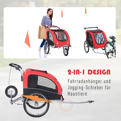 2-in-1 Dog Trailer, Bicycle Trailer for Dogs, Foldable Dog Wagon with Reflectors, Flag, Dog Bike Trailer Dog Buggy for Dogs up to 20 kg, Oxford Fabric Red+Black