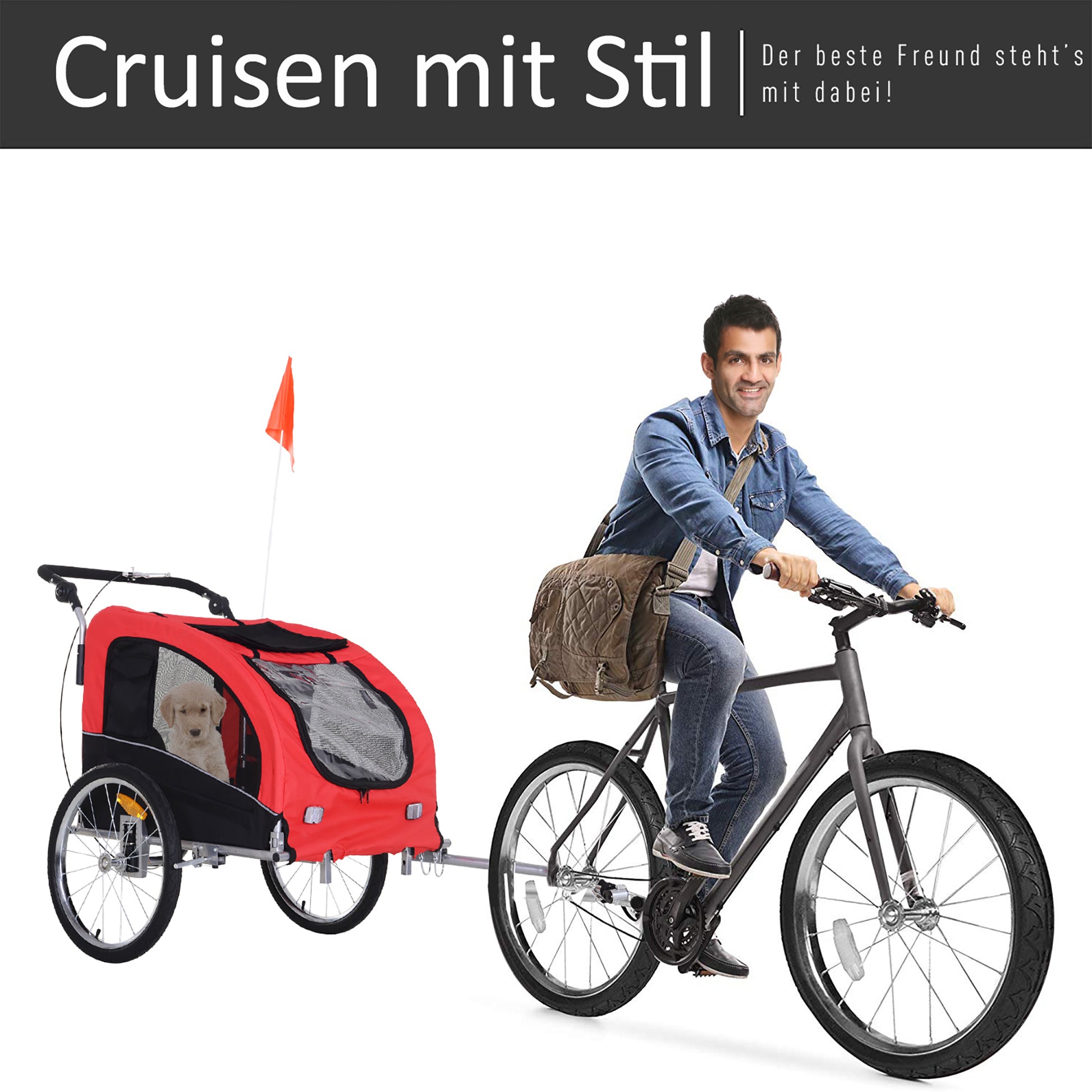 2-in-1 Dog Trailer, Bicycle Trailer for Dogs, Foldable Dog Wagon with Reflectors, Flag, Dog Bike Trailer Dog Buggy for Dogs up to 20 kg, Oxford Fabric Red+Black