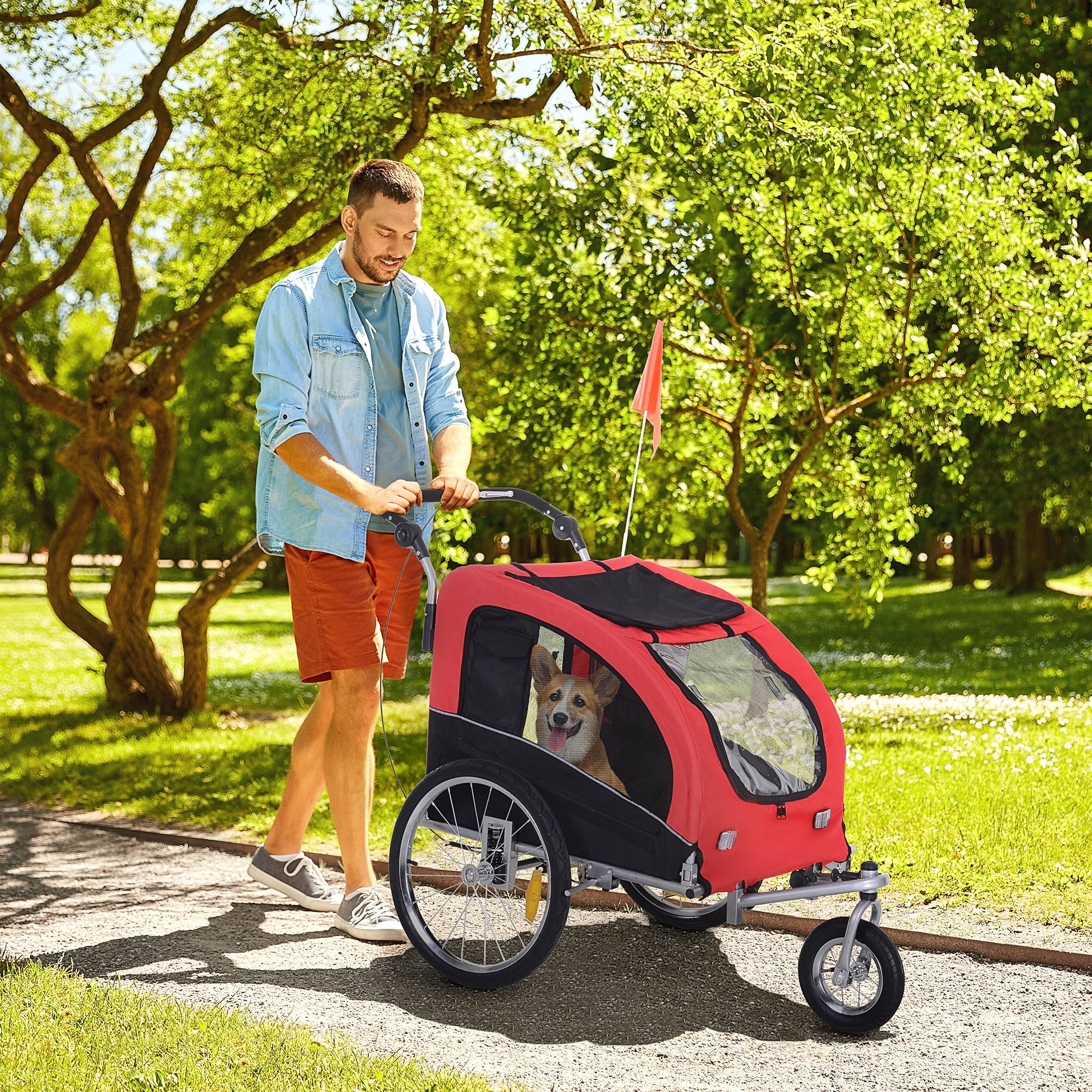 2-in-1 Dog Trailer, Bicycle Trailer for Dogs, Foldable Dog Wagon with Reflectors, Flag, Dog Bike Trailer Dog Buggy for Dogs up to 20 kg, Oxford Fabric Red+Black