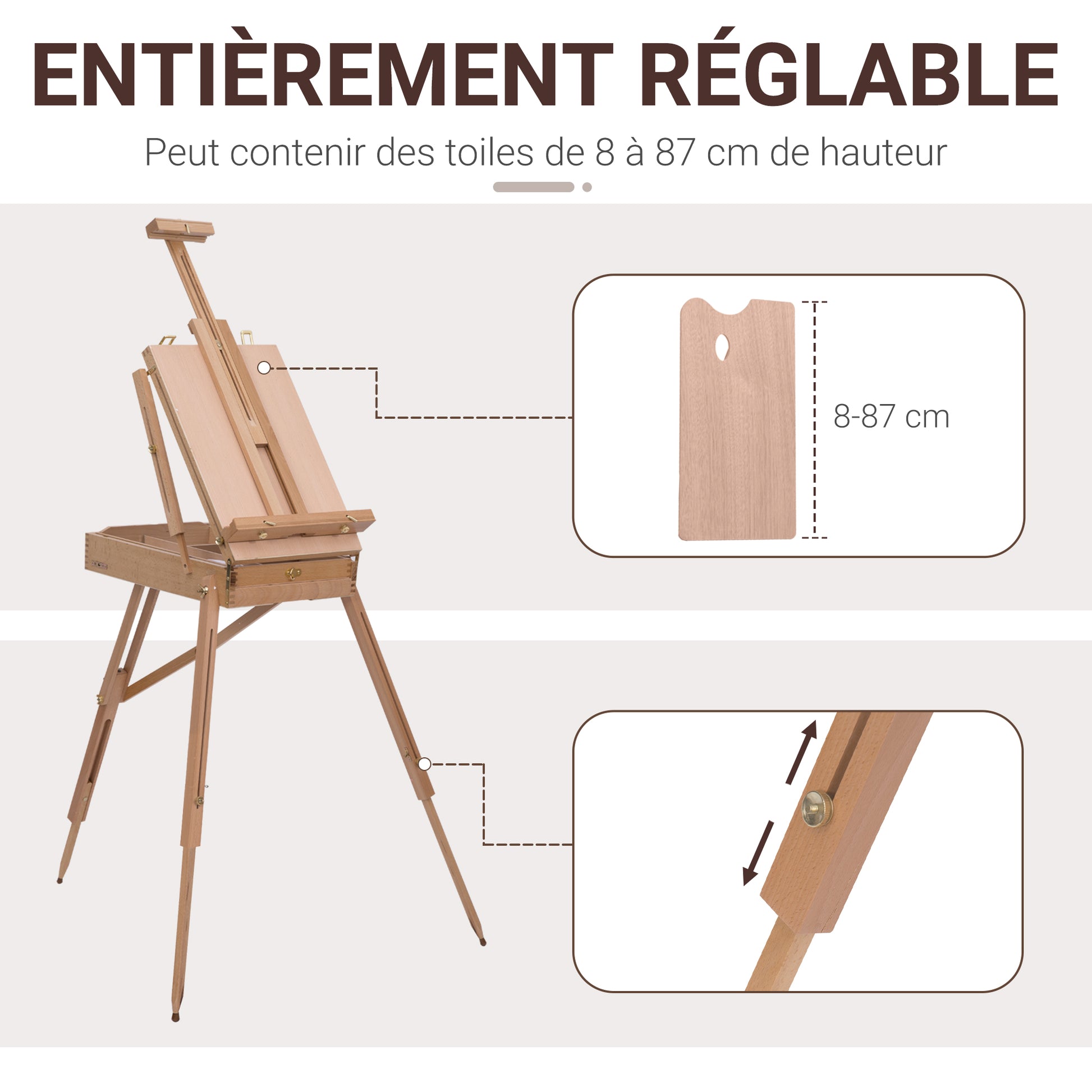 Artist Easel on Folding Stand with Paint Box Storage Adjustable Height Beech Wood Light Color