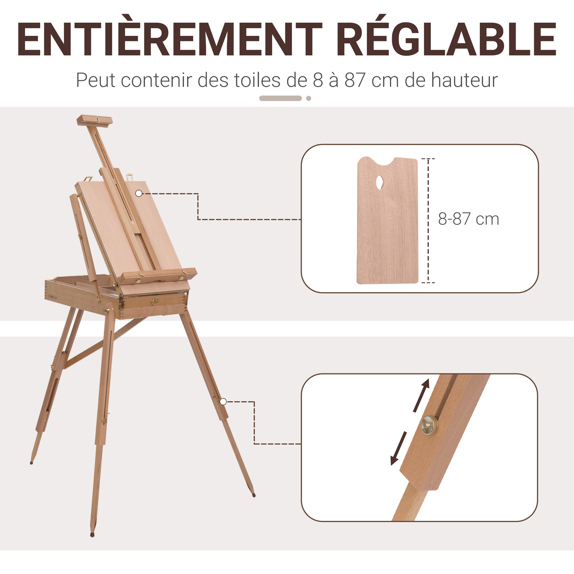 Artist Easel on Folding Stand with Paint Box Storage Adjustable Height Beech Wood Light Color